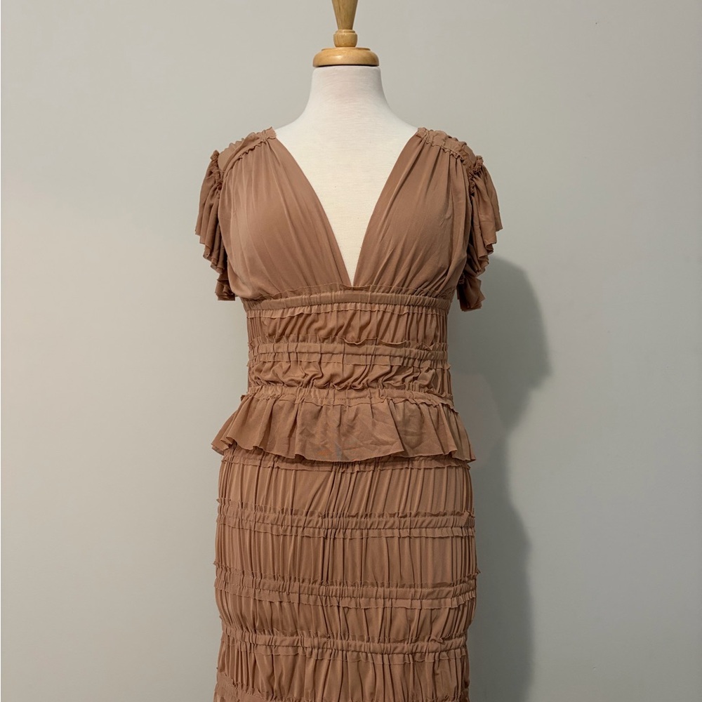 Chic Tan Midi Dress with Ruffle Details